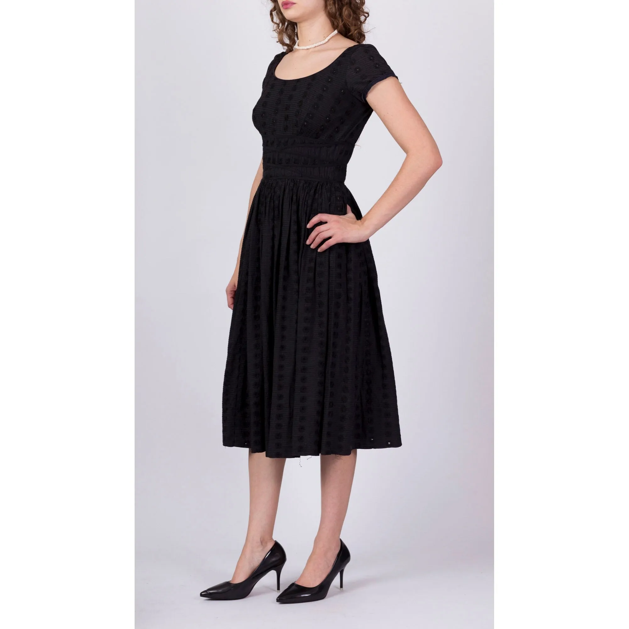 1950s Jerry Gilden Black Eyelet Fit & Flare Cocktail Dress - Extra Small