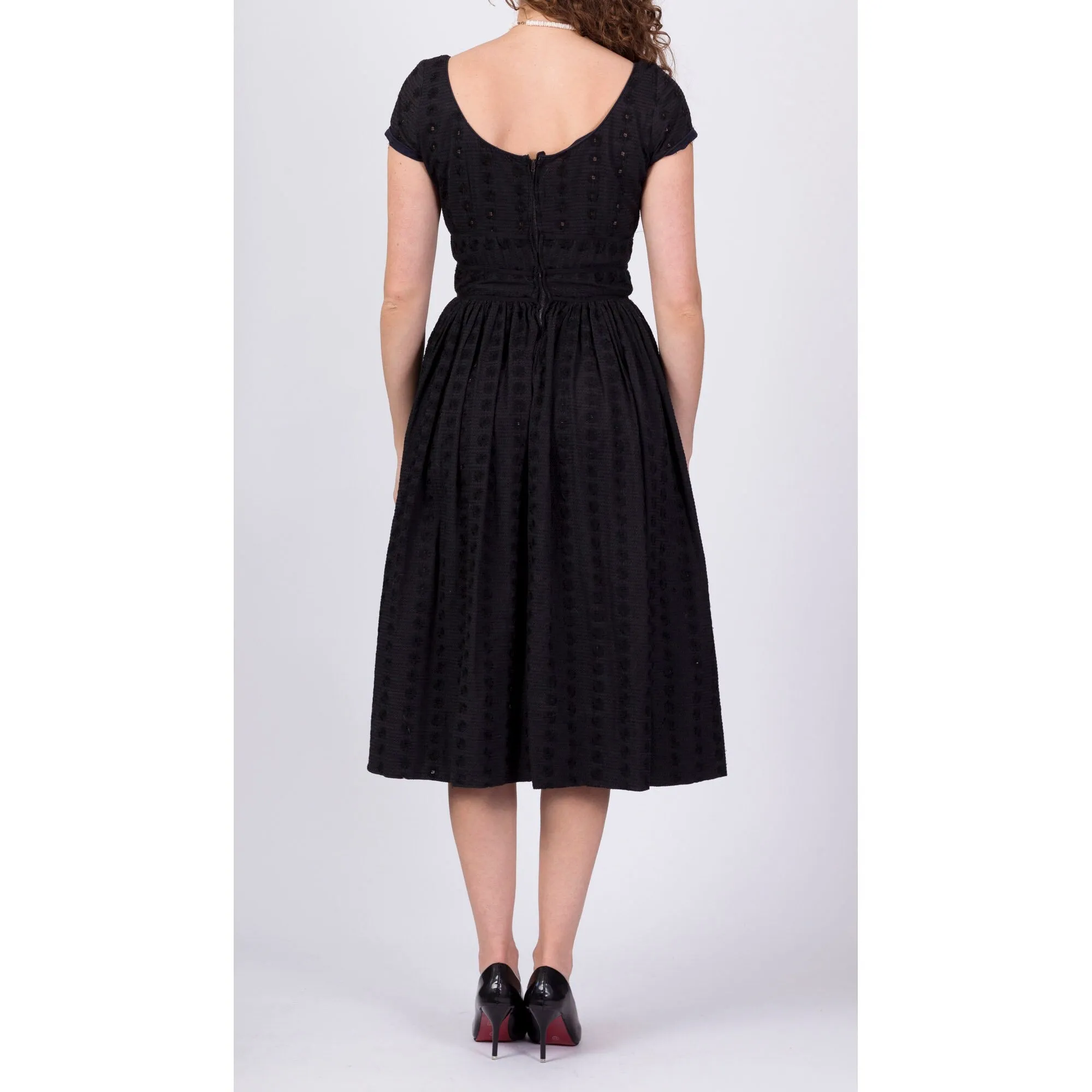 1950s Jerry Gilden Black Eyelet Fit & Flare Cocktail Dress - Extra Small