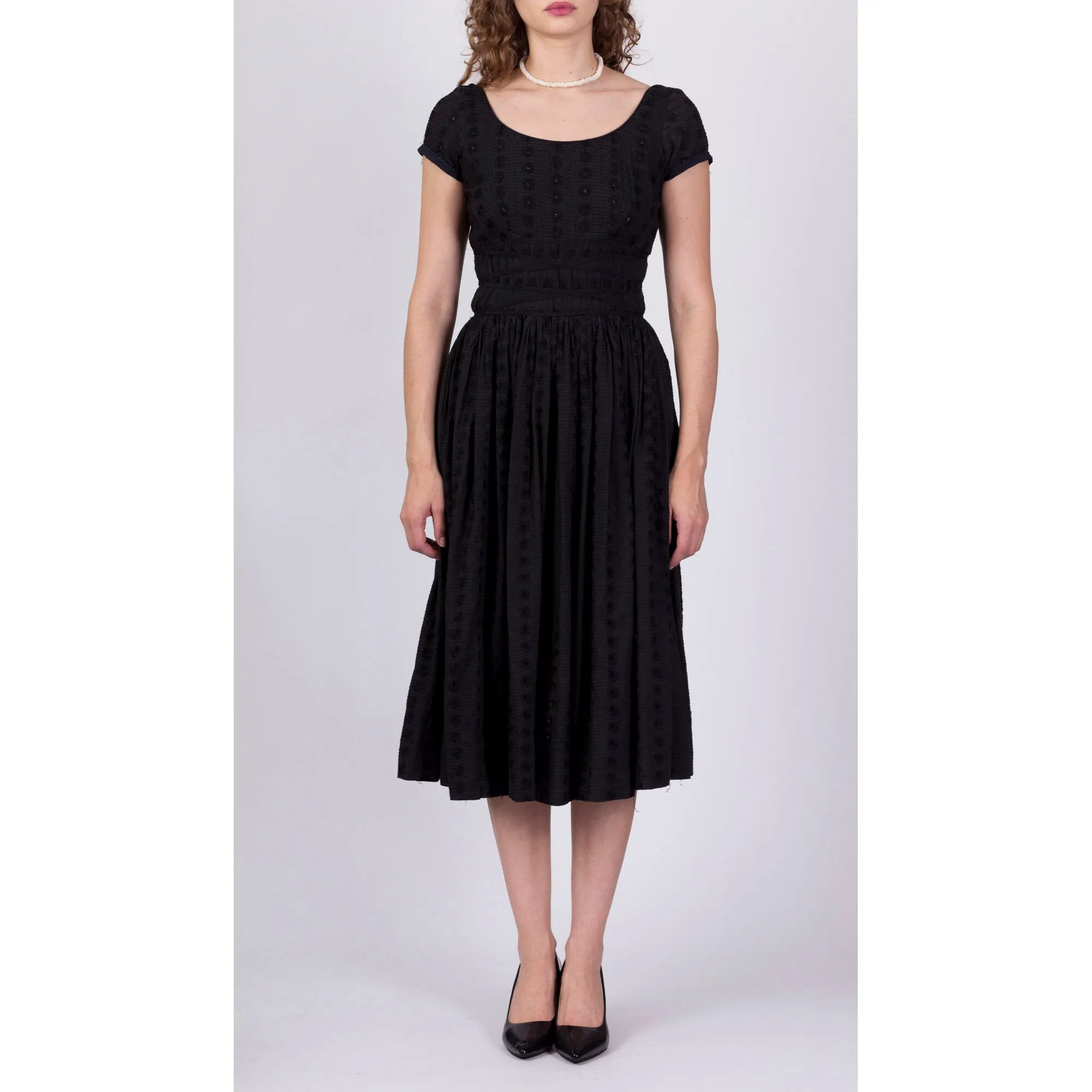 1950s Jerry Gilden Black Eyelet Fit & Flare Cocktail Dress - Extra Small