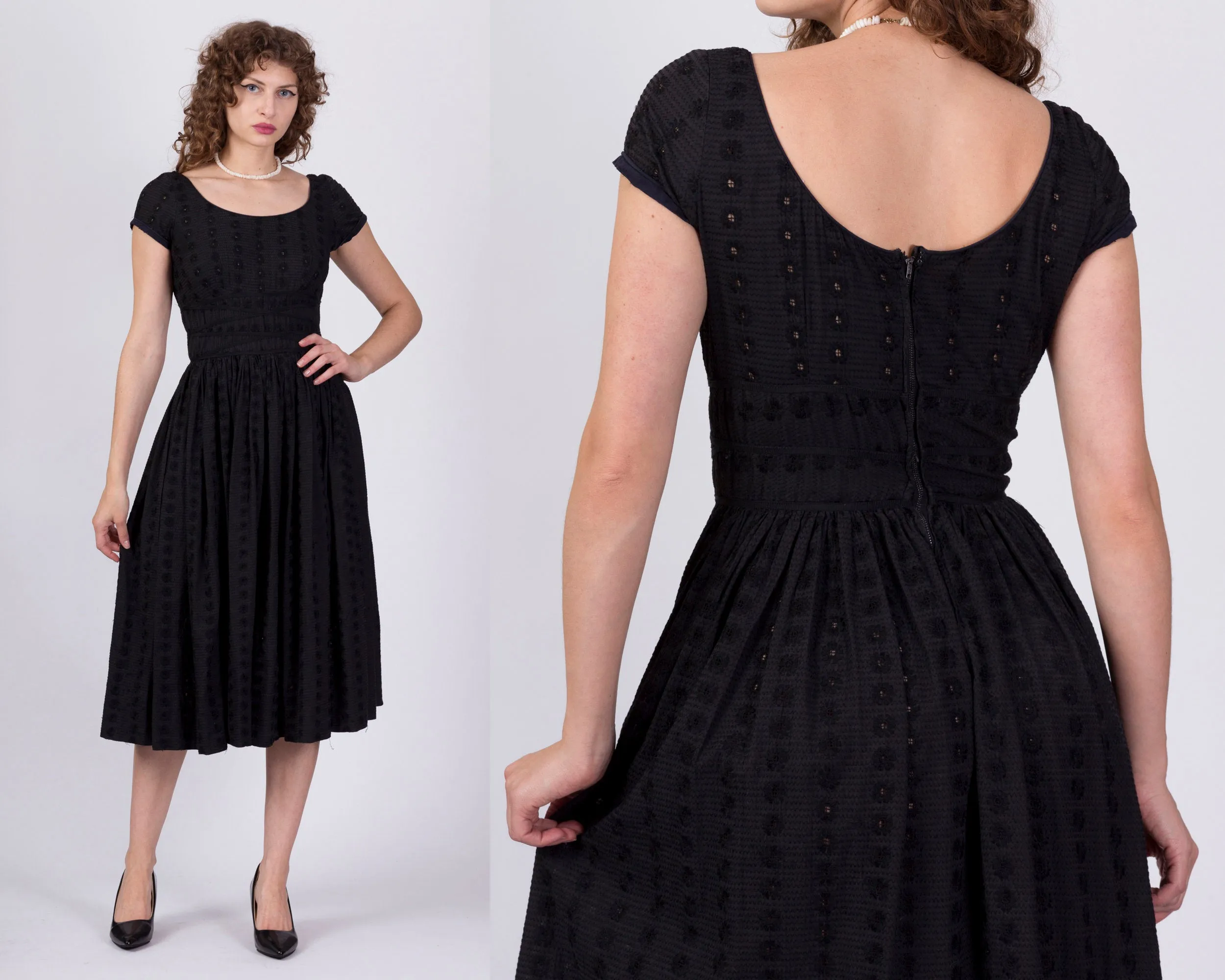 1950s Jerry Gilden Black Eyelet Fit & Flare Cocktail Dress - Extra Small