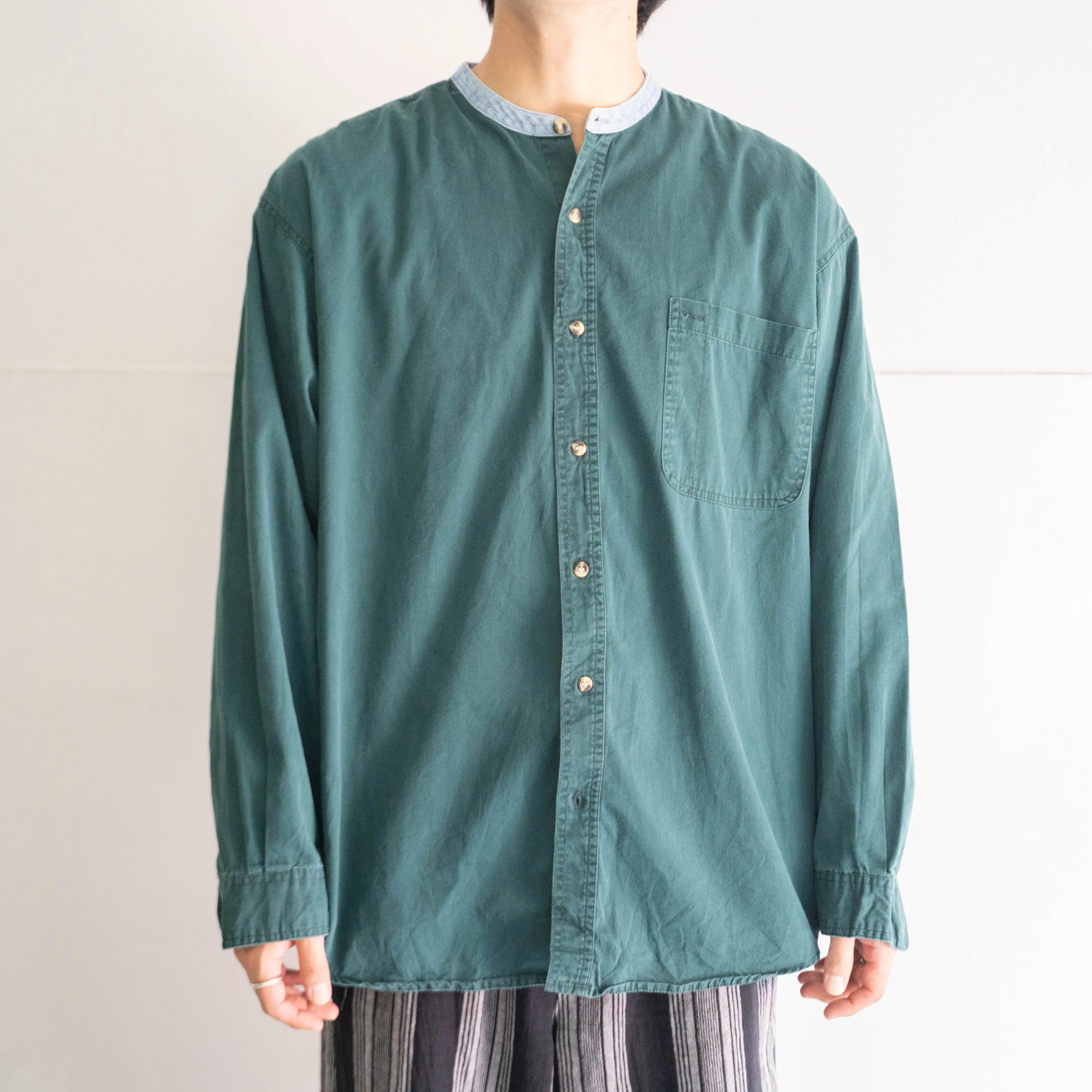 2000s green color band collar  shirt 'denim switching'
