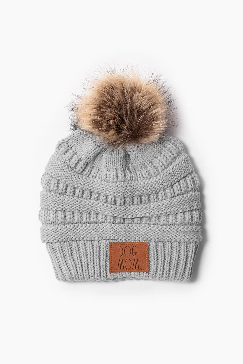 ABB704RD - RAE DUNN Halo Rib Beanie with DOG MOM Patch and Faux Fur Pom