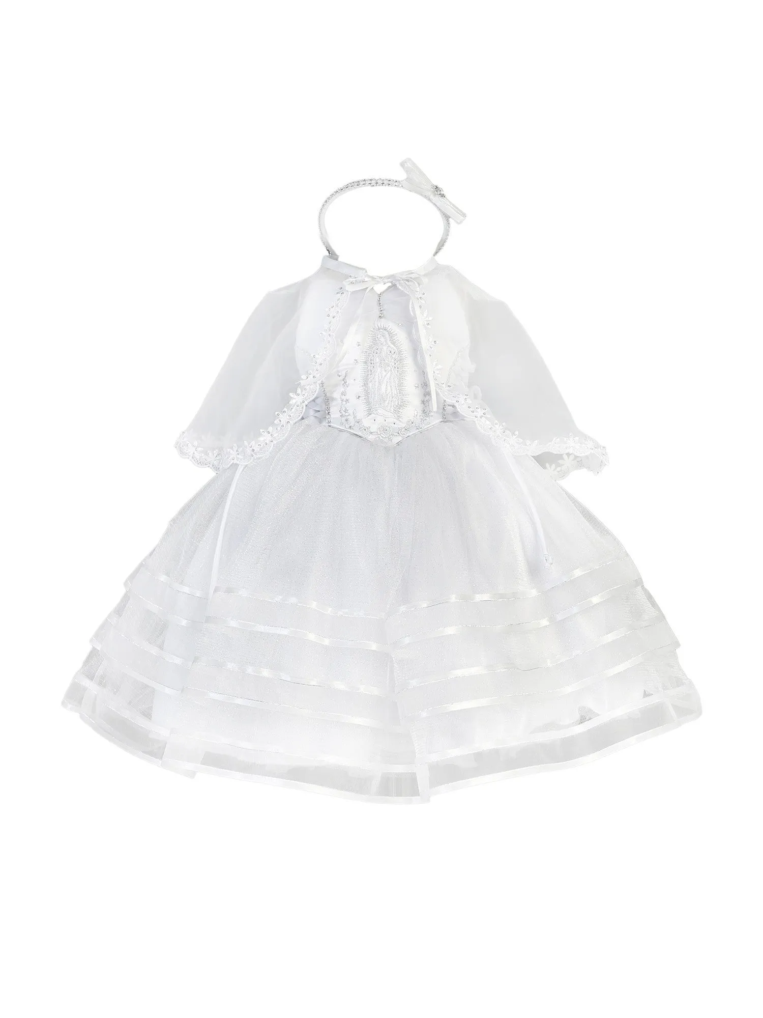 Baby Girls White Gathered Organza Virgin Mary Glitter Tulle Baptism Dress 6M
