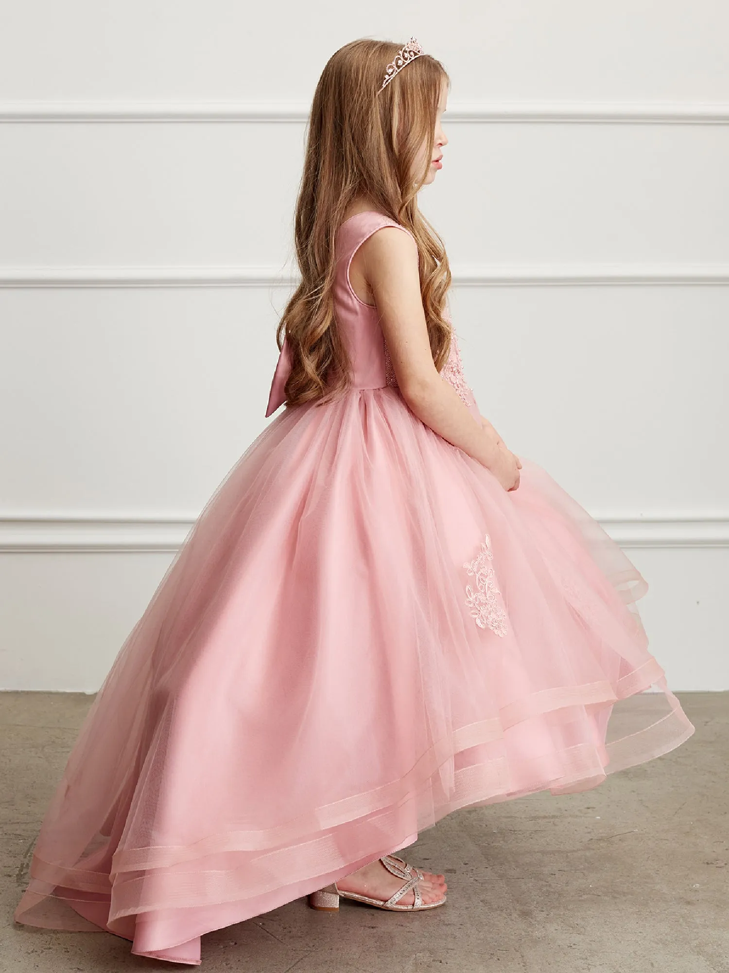 Big Girls Mauve Pearl Rhinestone Lace Tail Skirt Junior Bridesmaid Dress 8-16