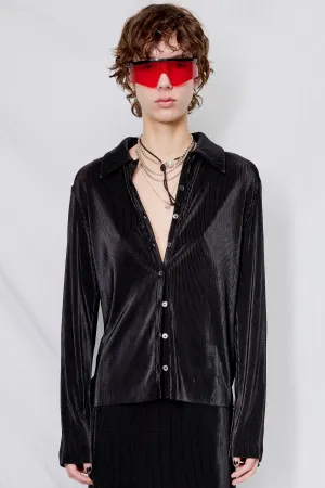 Black Micropleat Fitted Button Up