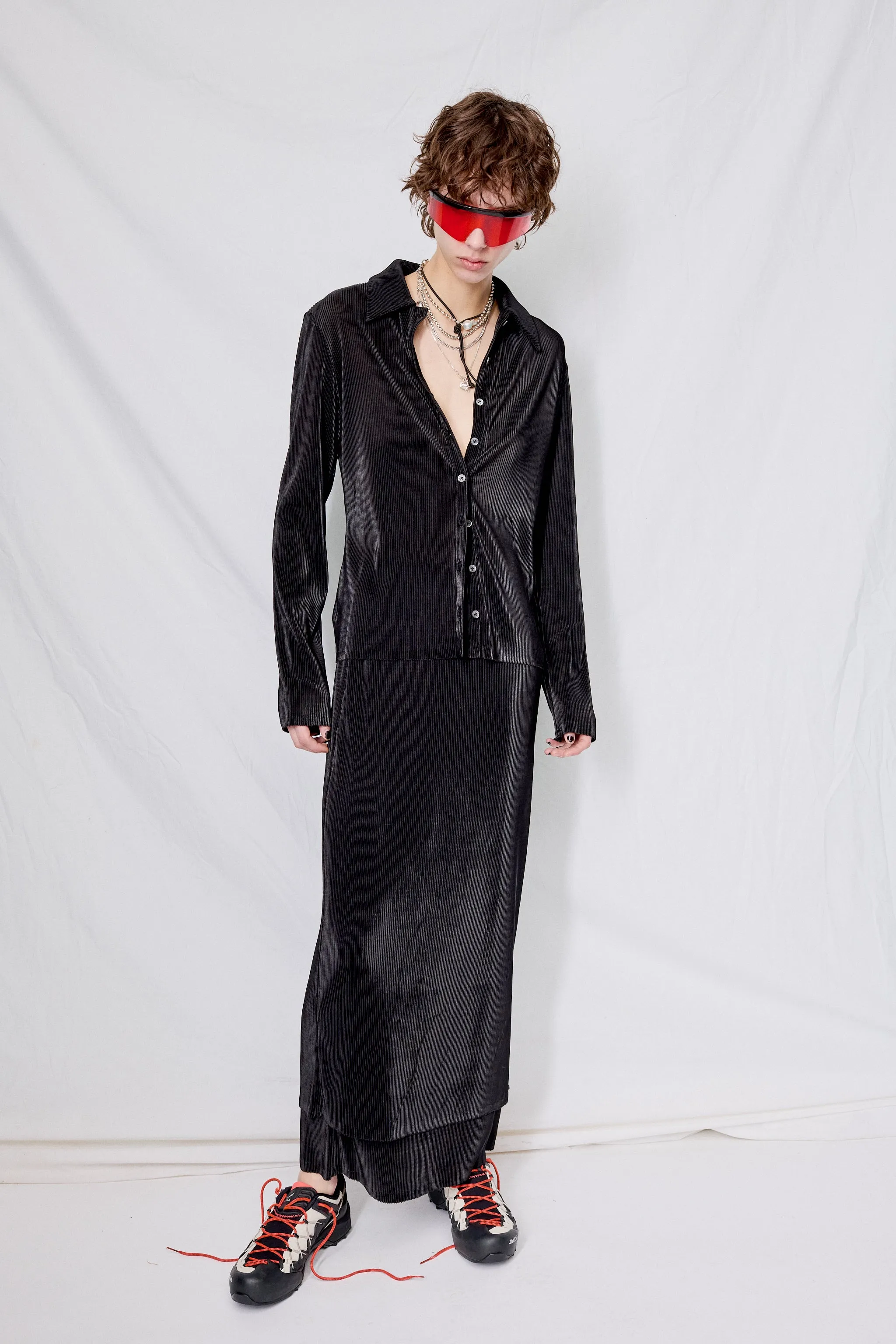 Black Micropleat Fitted Button Up