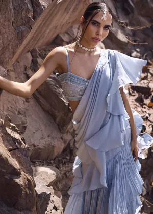 Blue Pre Stitched Frill Saree With Sweetheart Neck Blouse
