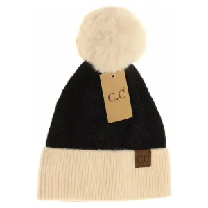 CC Beanie Colorblock Faux Fur Pom