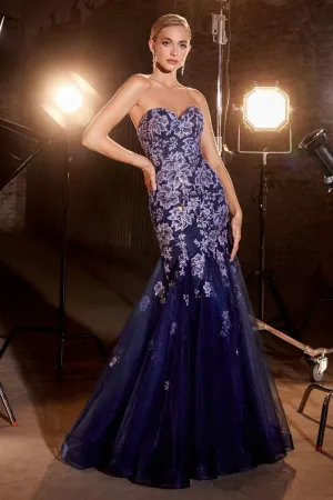 CD CM340 - Strapless Floral Motif Mermaid Prom Gown with Sweetheart Neckline & Tulle Layered Skirt