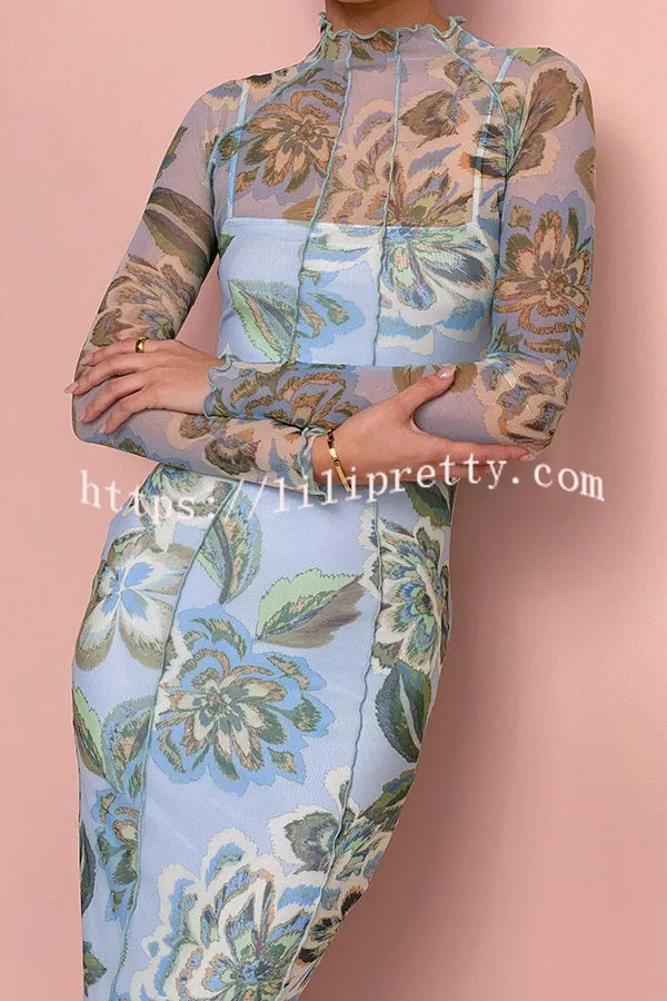 Cocktail Hour Mesh Floral Print Stretch Midi Dress (with Removable Slip)