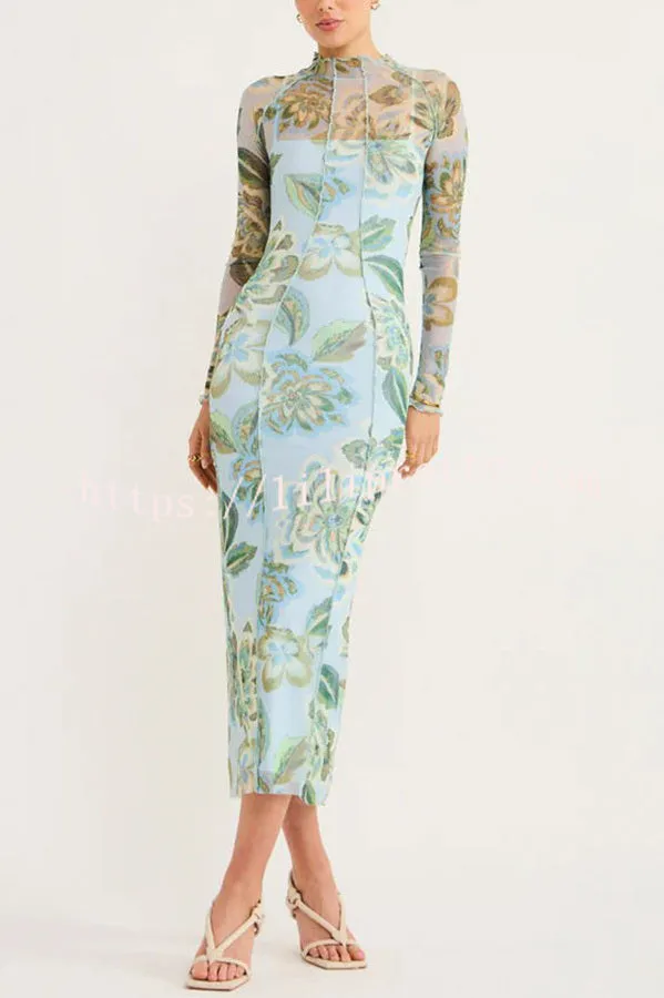 Cocktail Hour Mesh Floral Print Stretch Midi Dress (with Removable Slip)