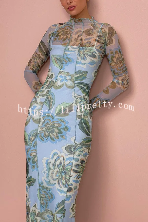 Cocktail Hour Mesh Floral Print Stretch Midi Dress (with Removable Slip)