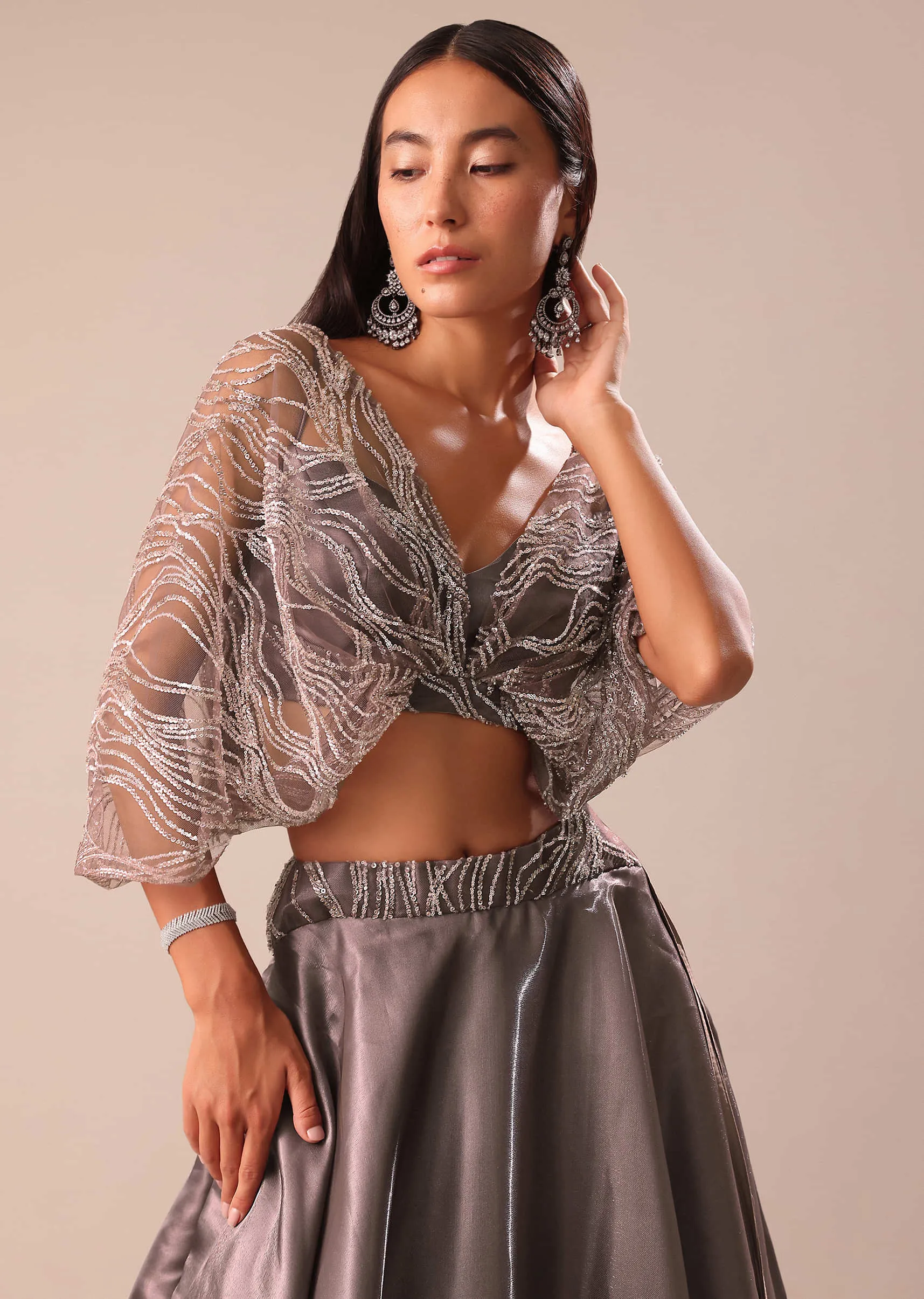Copper Crepe Skirt With Butterfly Blouse