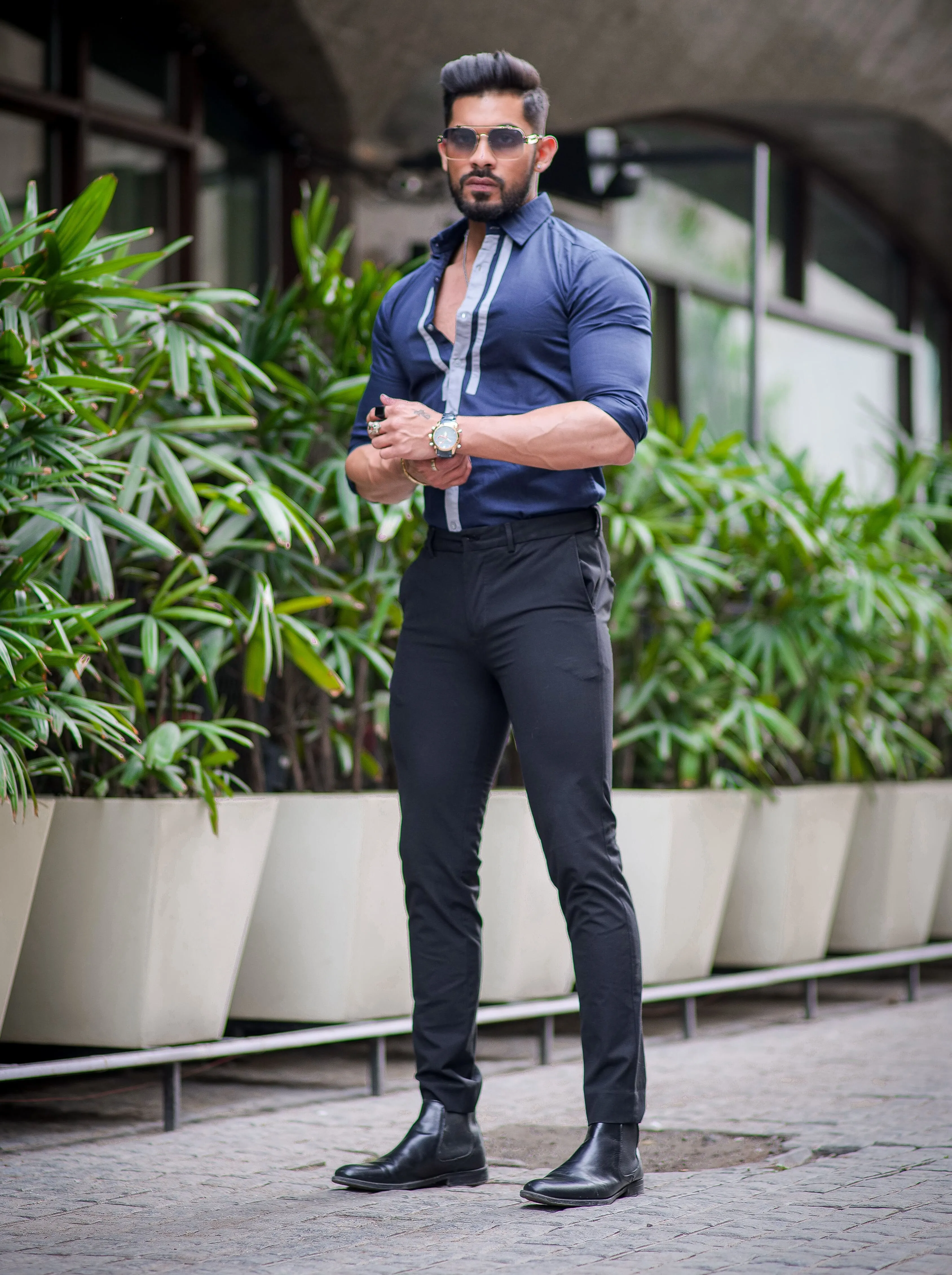 Dark Slate Blue Cut n Sew Cotton Shirt