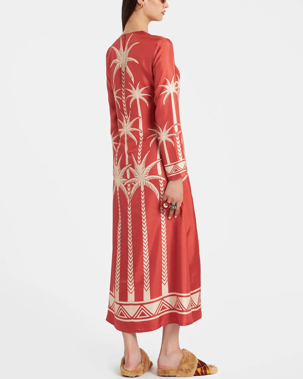 Date Palms Placee Red Long Sleeve Swing Dress