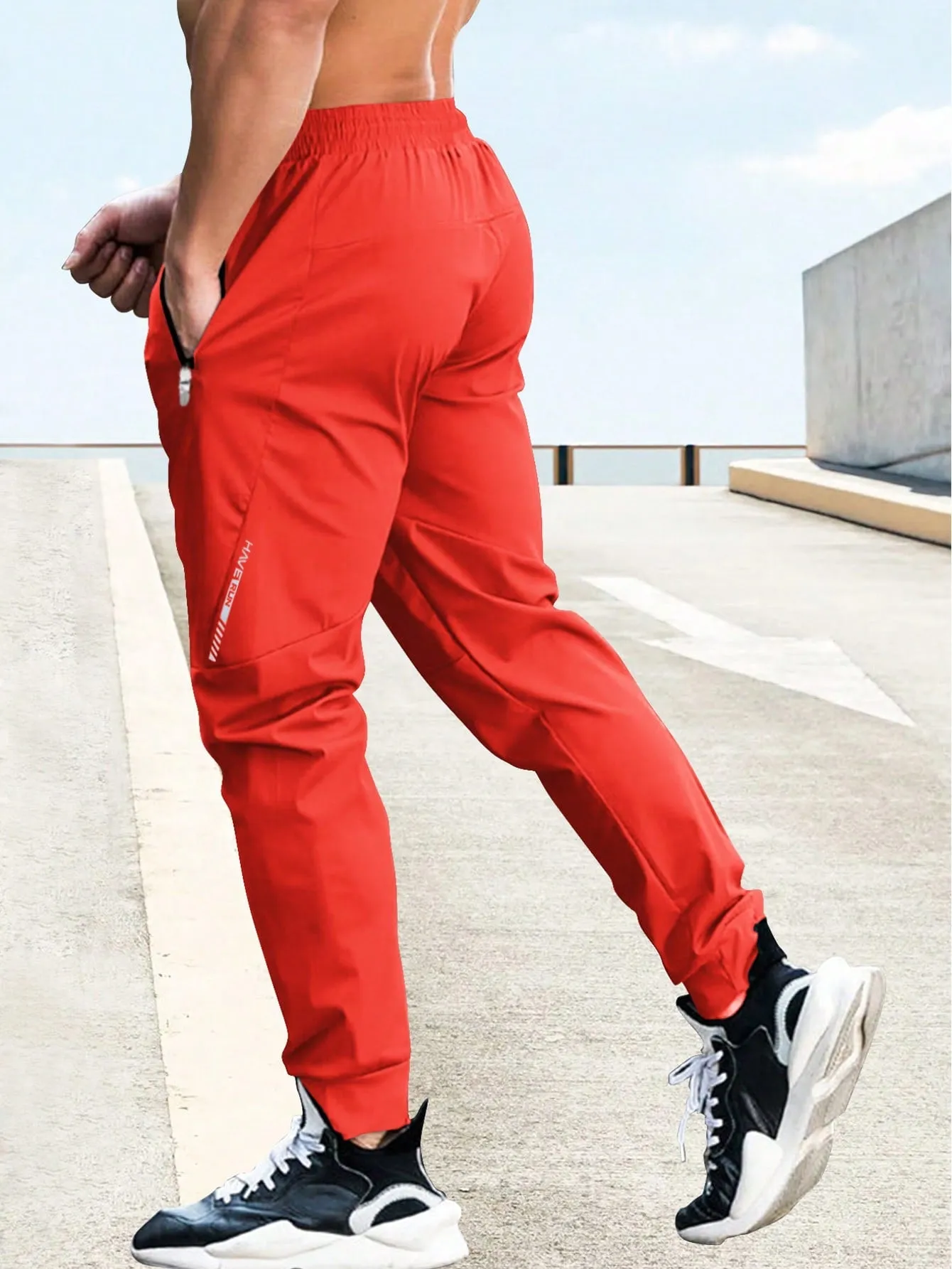 Drawstring Waist Zipper Pocket Sports Trousers