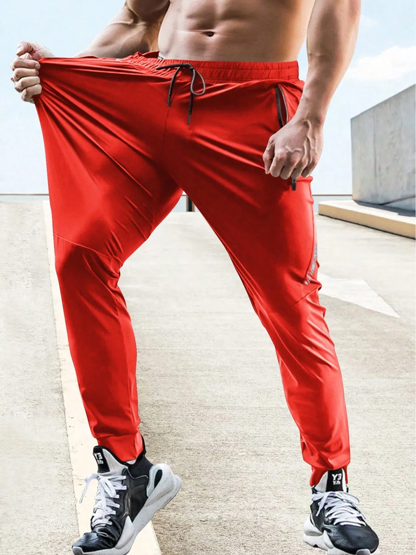 Drawstring Waist Zipper Pocket Sports Trousers