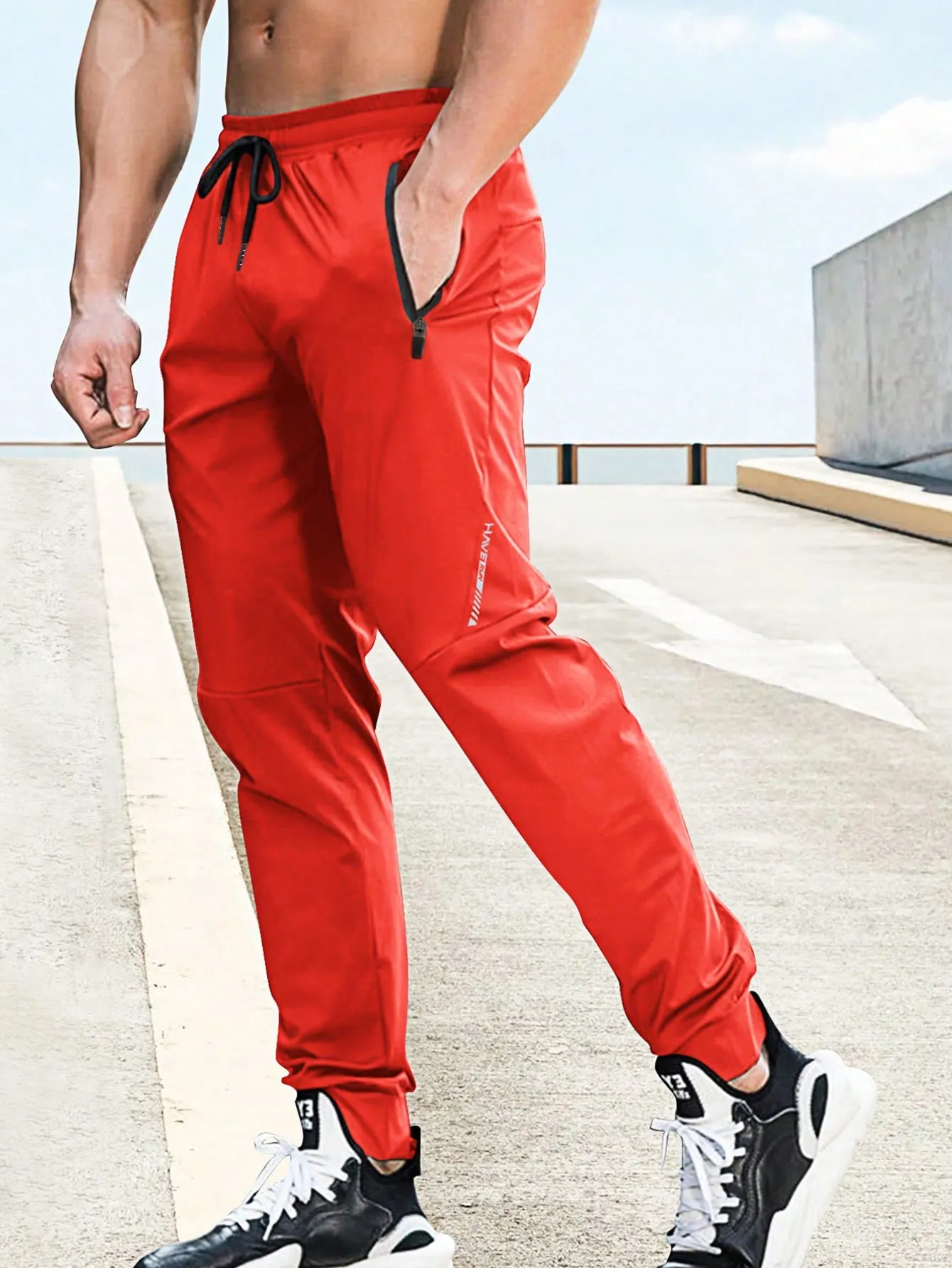 Drawstring Waist Zipper Pocket Sports Trousers