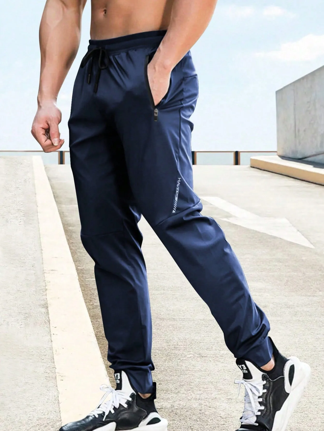 Drawstring Waist Zipper Pocket Sports Trousers
