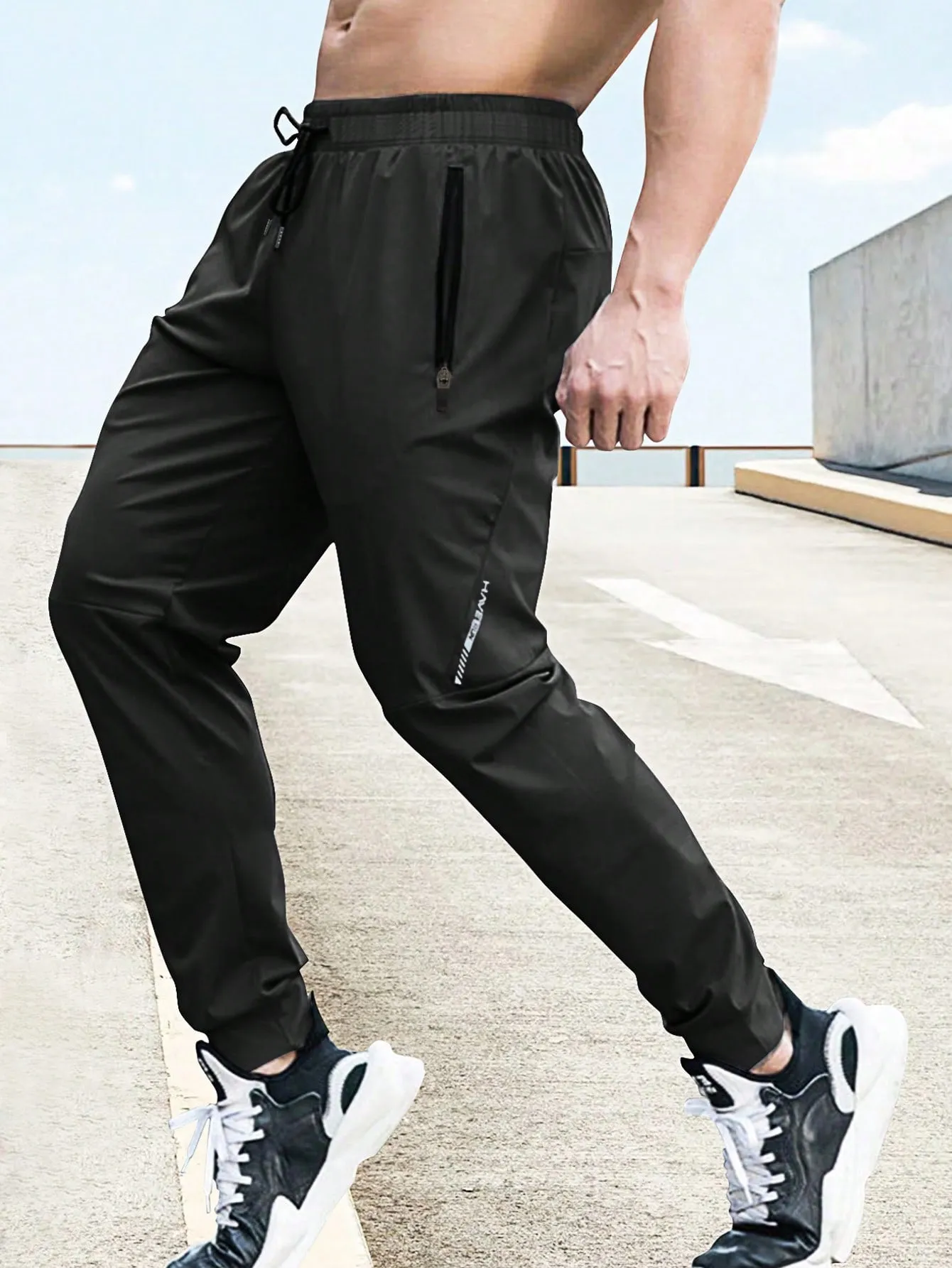 Drawstring Waist Zipper Pocket Sports Trousers