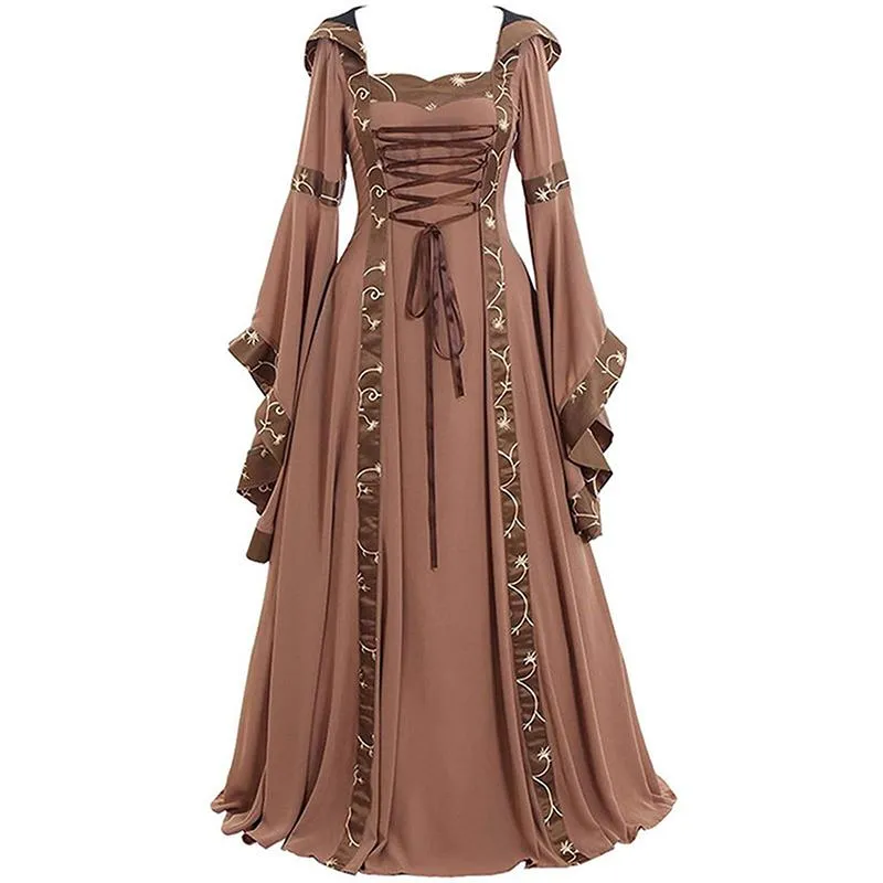Female's Retro Medieval Renaissance Square Neck Trumpet Sleeves Large Swing Long Flare Dress