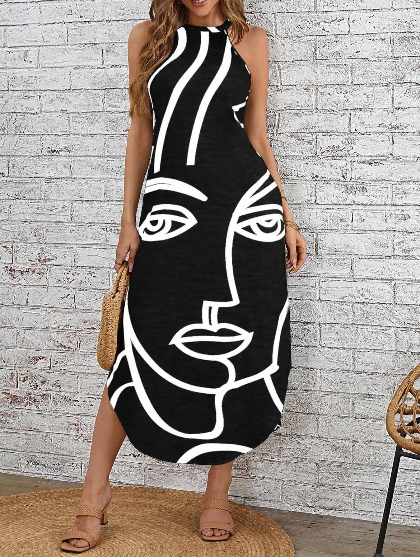 Figures Pattern Hidden Pocket Curved Hem Dress