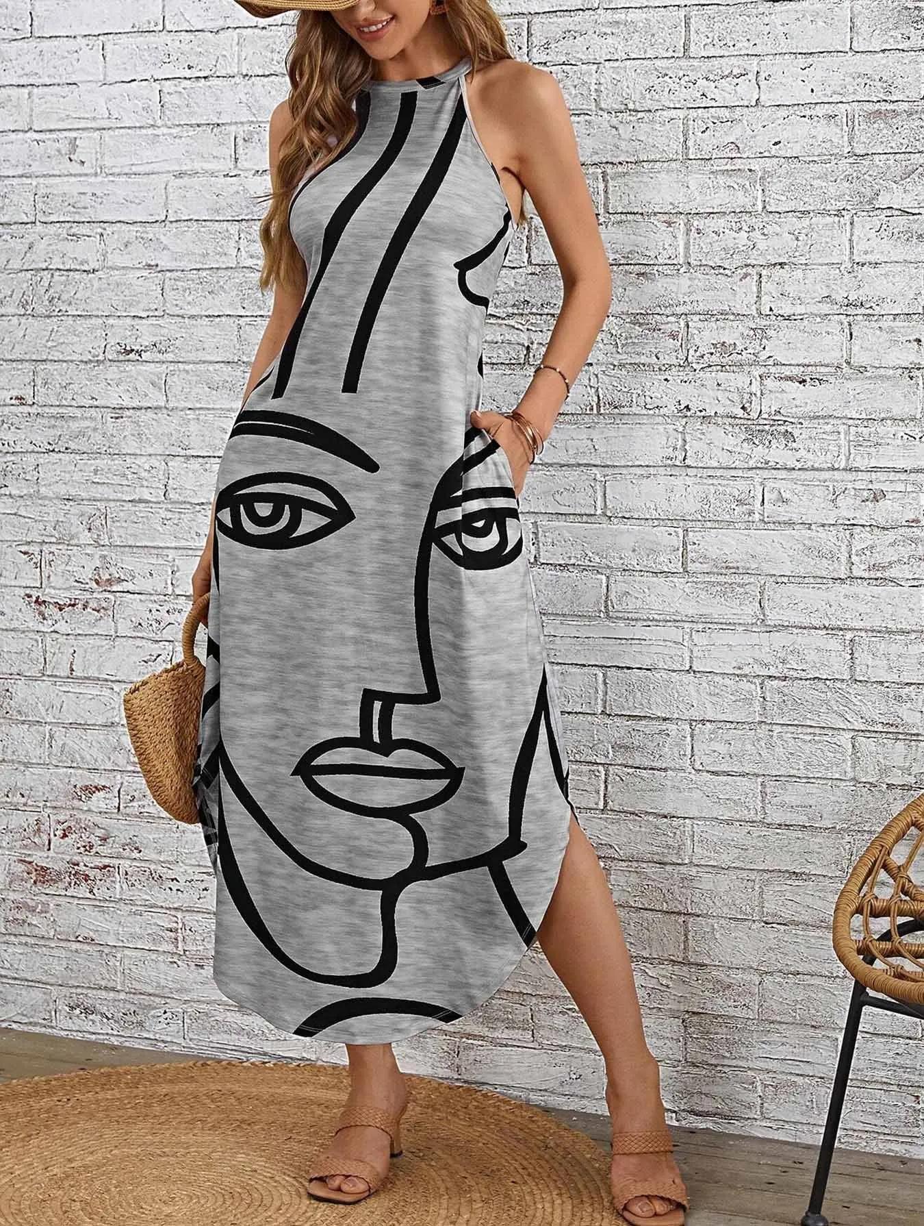 Figures Pattern Hidden Pocket Curved Hem Dress