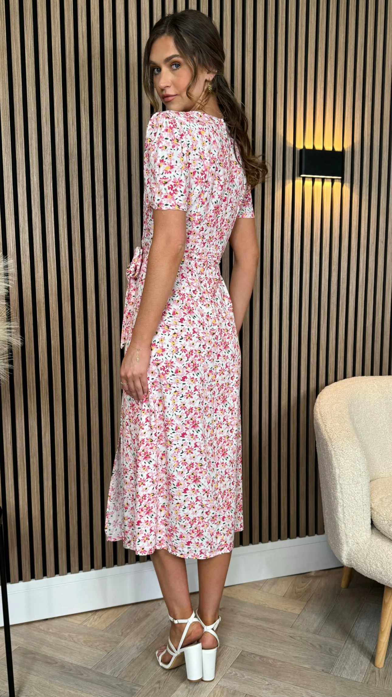 Gemma Pink Floral Printed Belt Detail Midi Dress