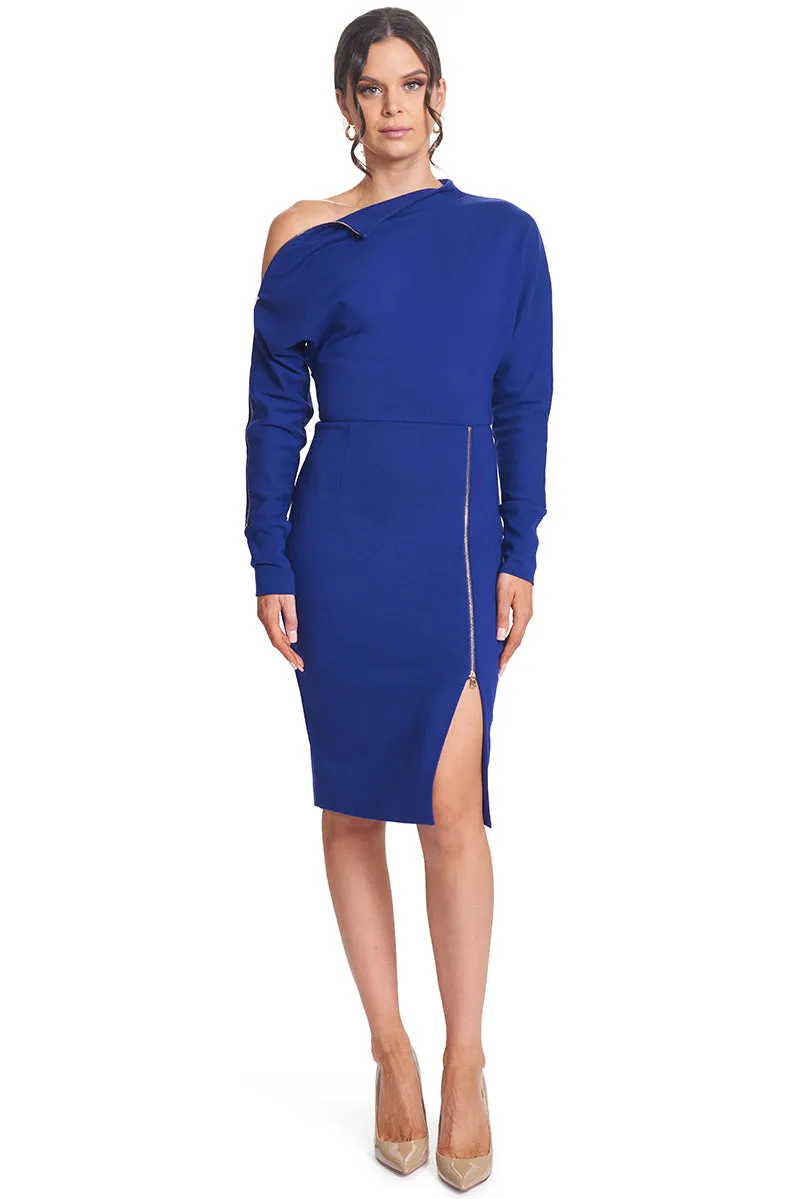 Josefa Asymmetric Dress - Long Sleeve Convertible Midi Dress With Gold