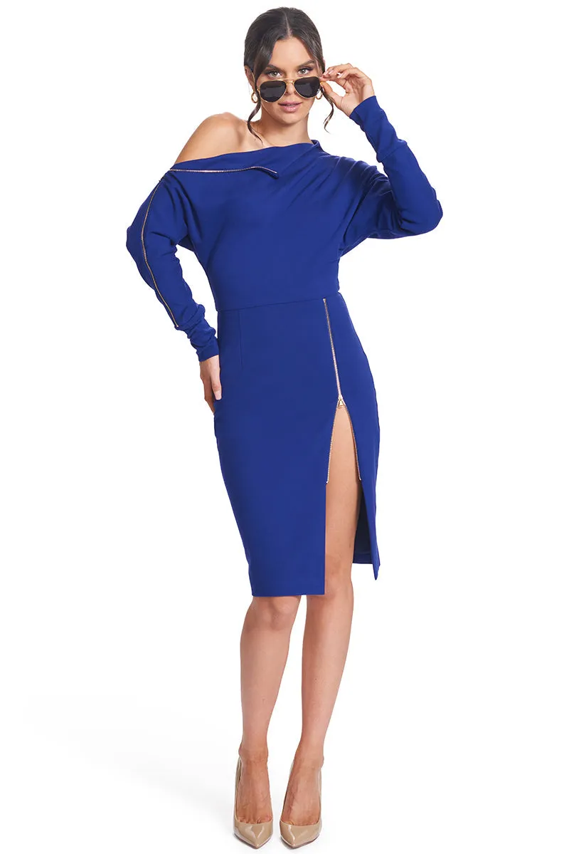 Josefa Asymmetric Dress - Long Sleeve Convertible Midi Dress With Gold