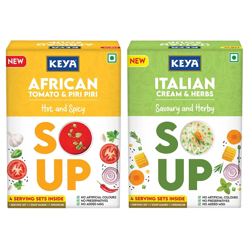Keya Italian Soup Cream & Herbs 44g| Keya African Soup-Tomato & Piripiri 56g, Pack of 2
