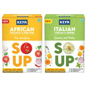 Keya Italian Soup Cream & Herbs 44g| Keya African Soup-Tomato & Piripiri 56g, Pack of 2
