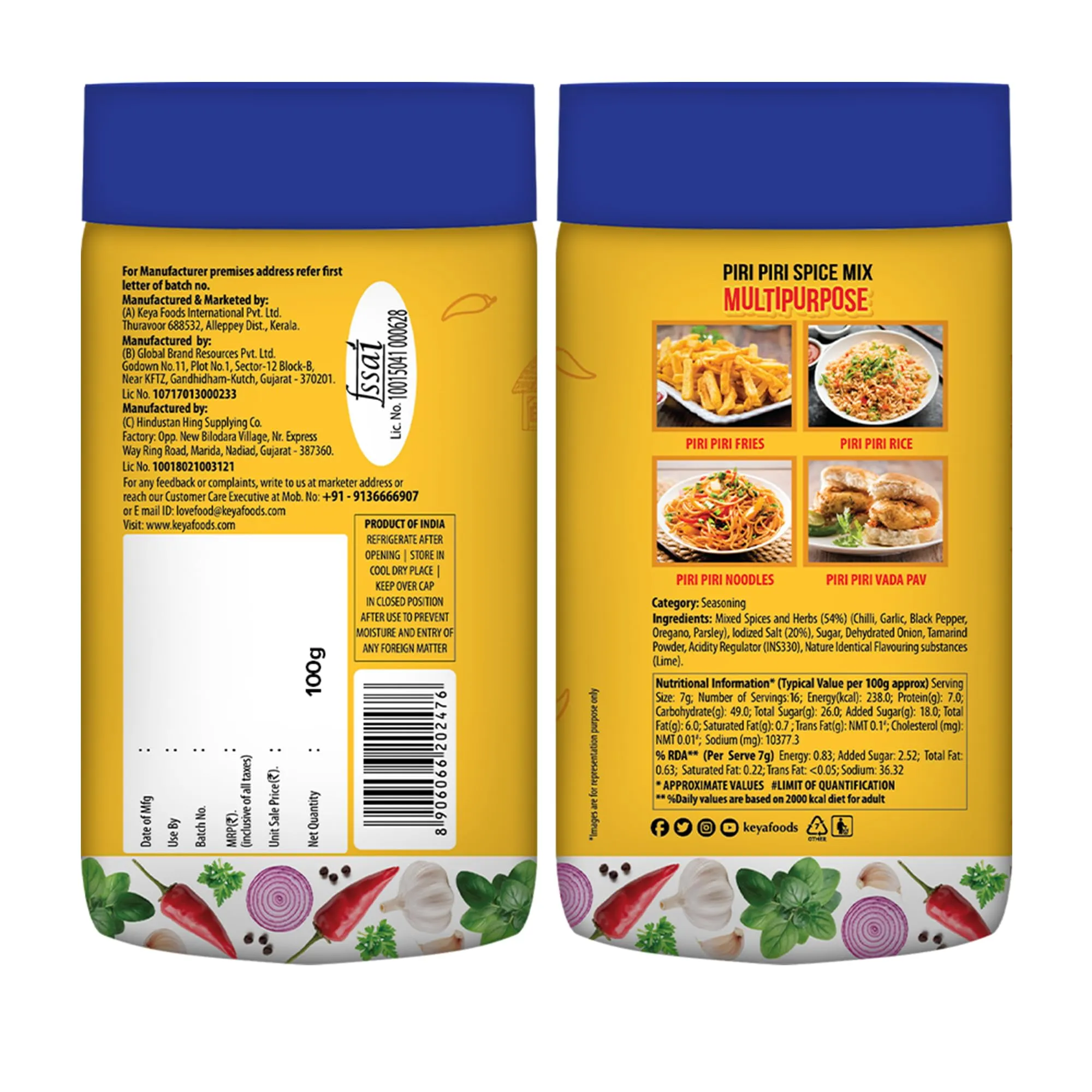 Keya Piri Piri | Peri Peri | Exotic Spice Mix | Multi-purpose Seasoning | Zero Artifical Colours | No Added MSG | Instant Seasoning Mix |Marinade Mix, Dip Mix, Sprinkler| Perfect for Fries, Sweet Corn, Makhana, Papad, Khichdi| 100g