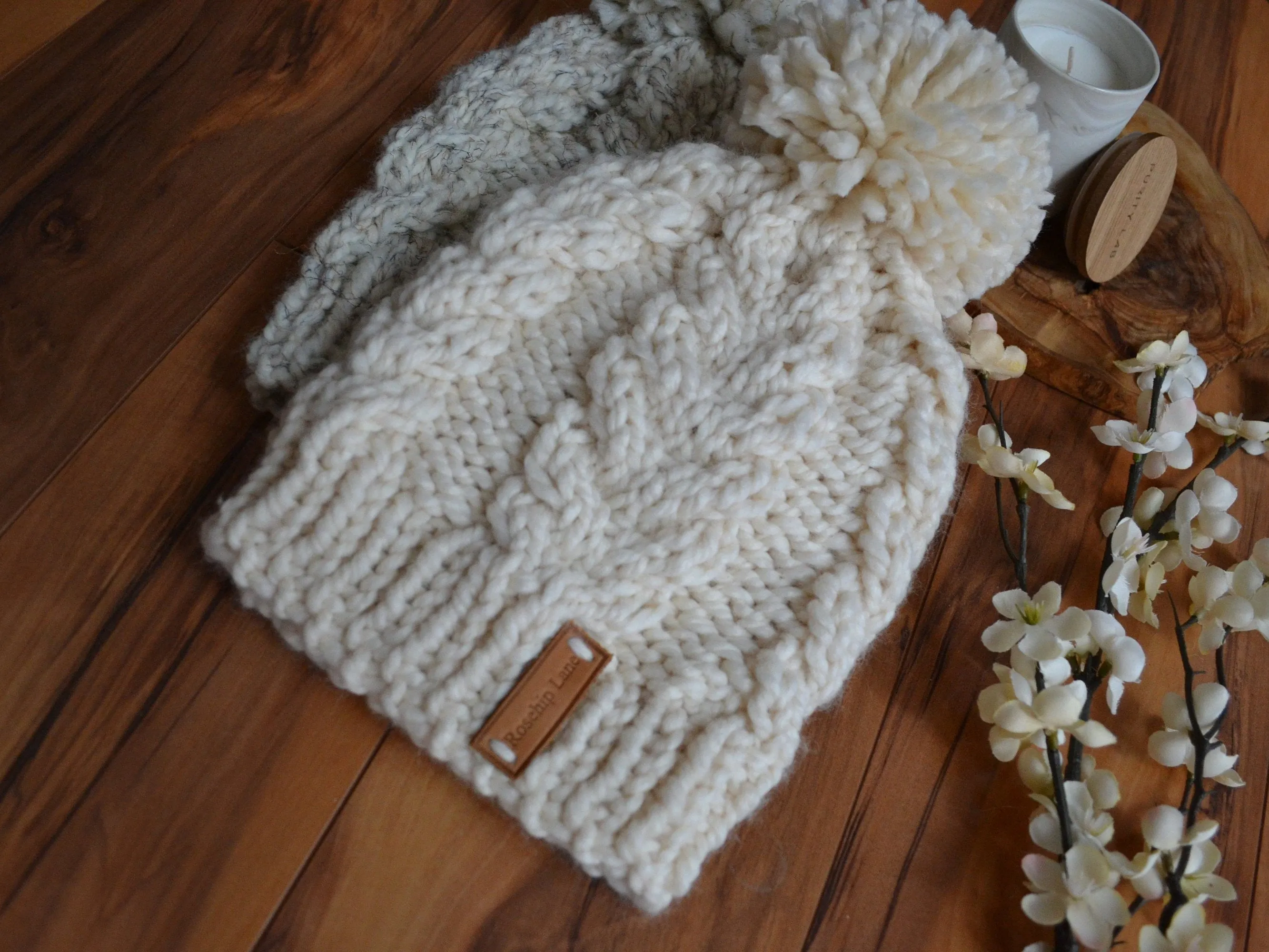 KNITTING PATTERN DIY The Double Cable Beanie Pom Pom Beanie Hat Cap Toque Bobble Hat Winter Hat, Beanie Hat Knitting Pattern