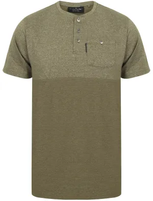 Koku Block Design Henley Neck T-Shirt with Chest Pocket In Turtle Khaki - Dissident