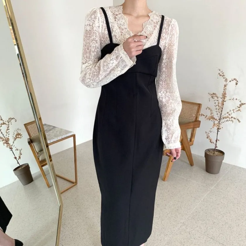[Korean Style] Alora V neck Lace Top w/ Slip Dress