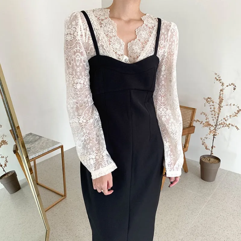 [Korean Style] Alora V neck Lace Top w/ Slip Dress