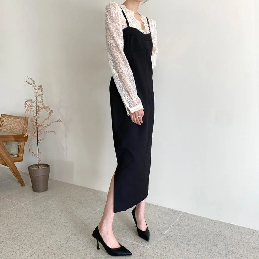 [Korean Style] Alora V neck Lace Top w/ Slip Dress