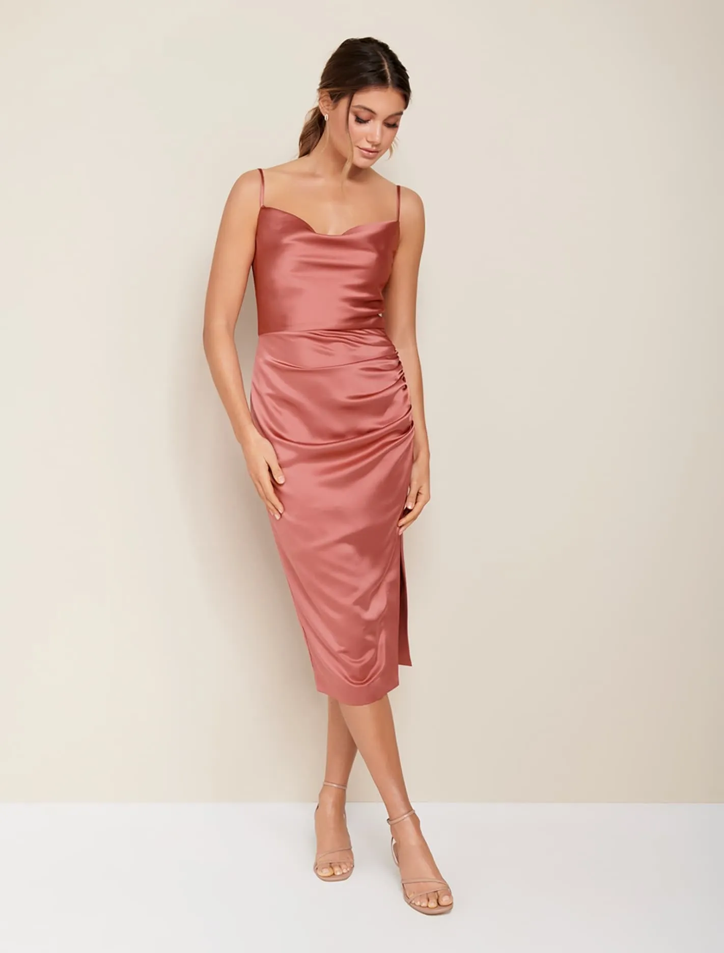 Laura Satin Cowl Ruched Midi Dress