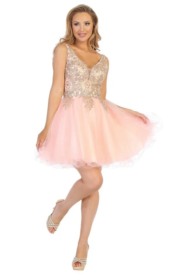 LF 6237 - A Line Homecoming Dress with Embroidered Bodice & Tulle Skirt