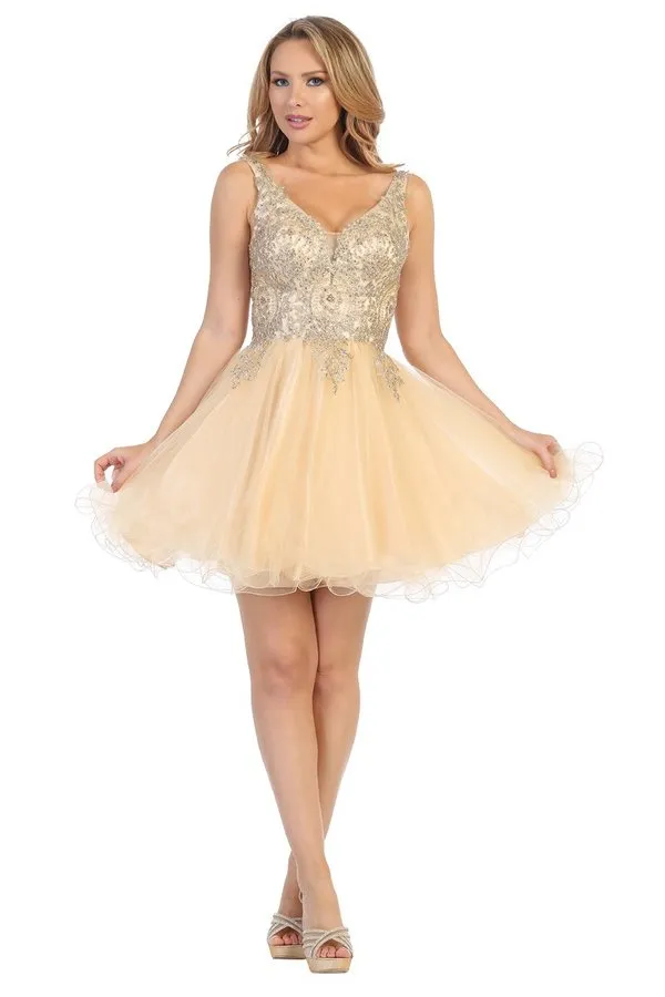 LF 6237 - A Line Homecoming Dress with Embroidered Bodice & Tulle Skirt