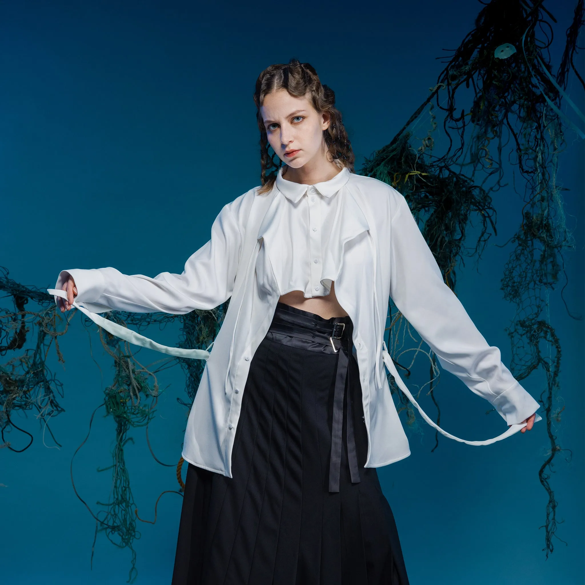 Multi-Layered Lapel Hollow-Out Shirt