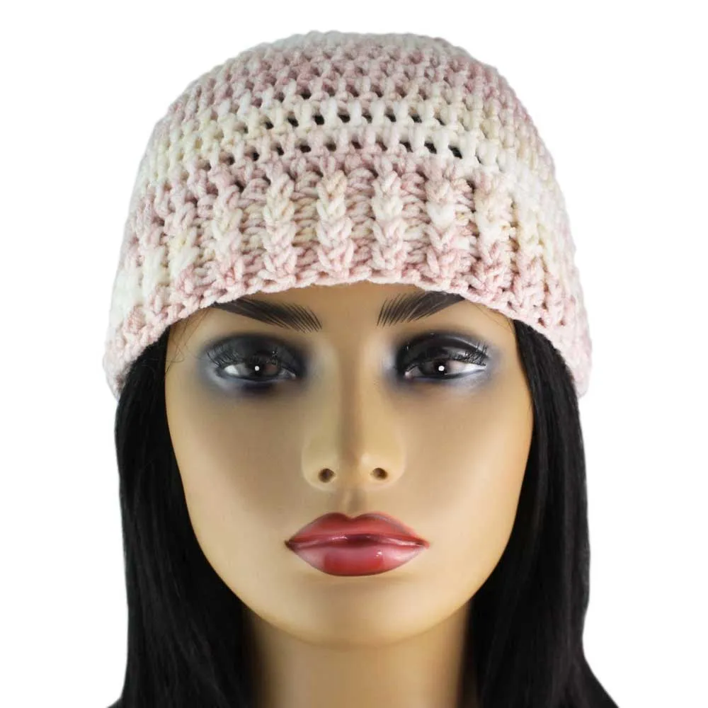 Pink Beige White Crochet Snug Beanie Hat Med/Lg - JMCH57ML