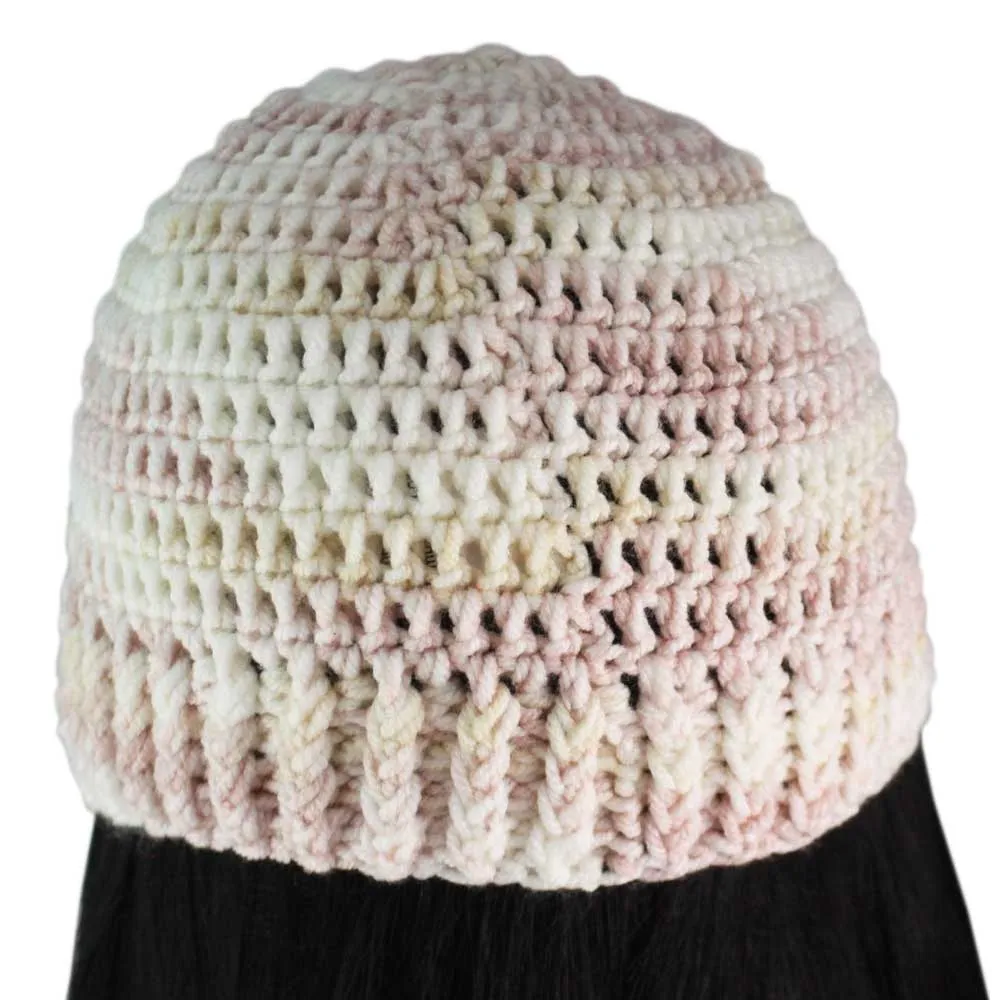 Pink Beige White Crochet Snug Beanie Hat Med/Lg - JMCH57ML