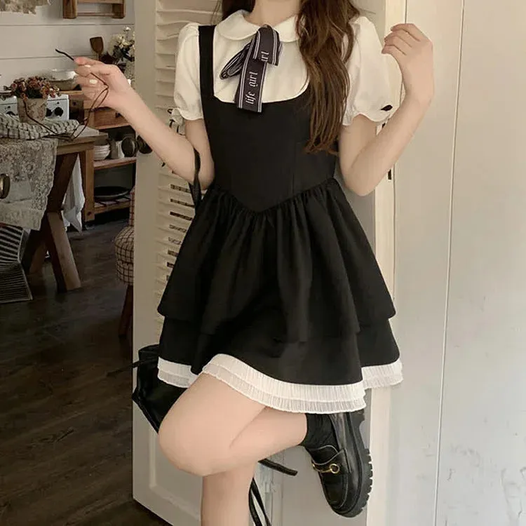 Puff Sleeve Layered Mini Dress with Bow Detail