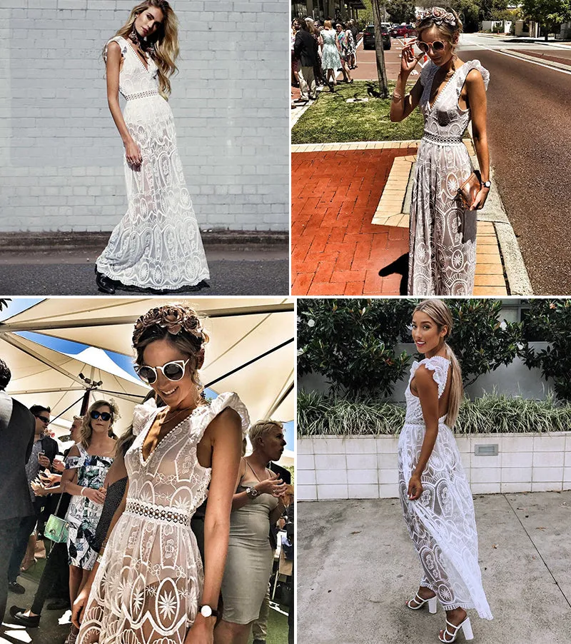 Semi Backless Lace Dress -  White / Black