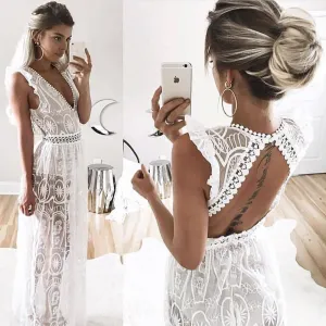 Semi Backless Lace Dress -  White / Black