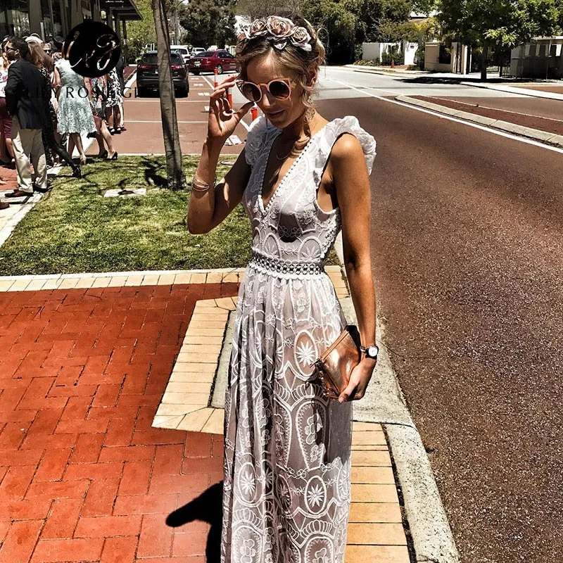 Semi Backless Lace Dress -  White / Black