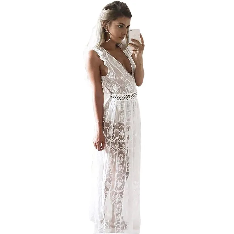 Semi Backless Lace Dress -  White / Black