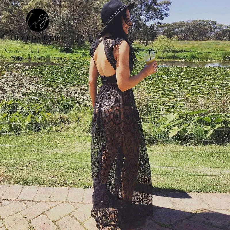 Semi Backless Lace Dress -  White / Black